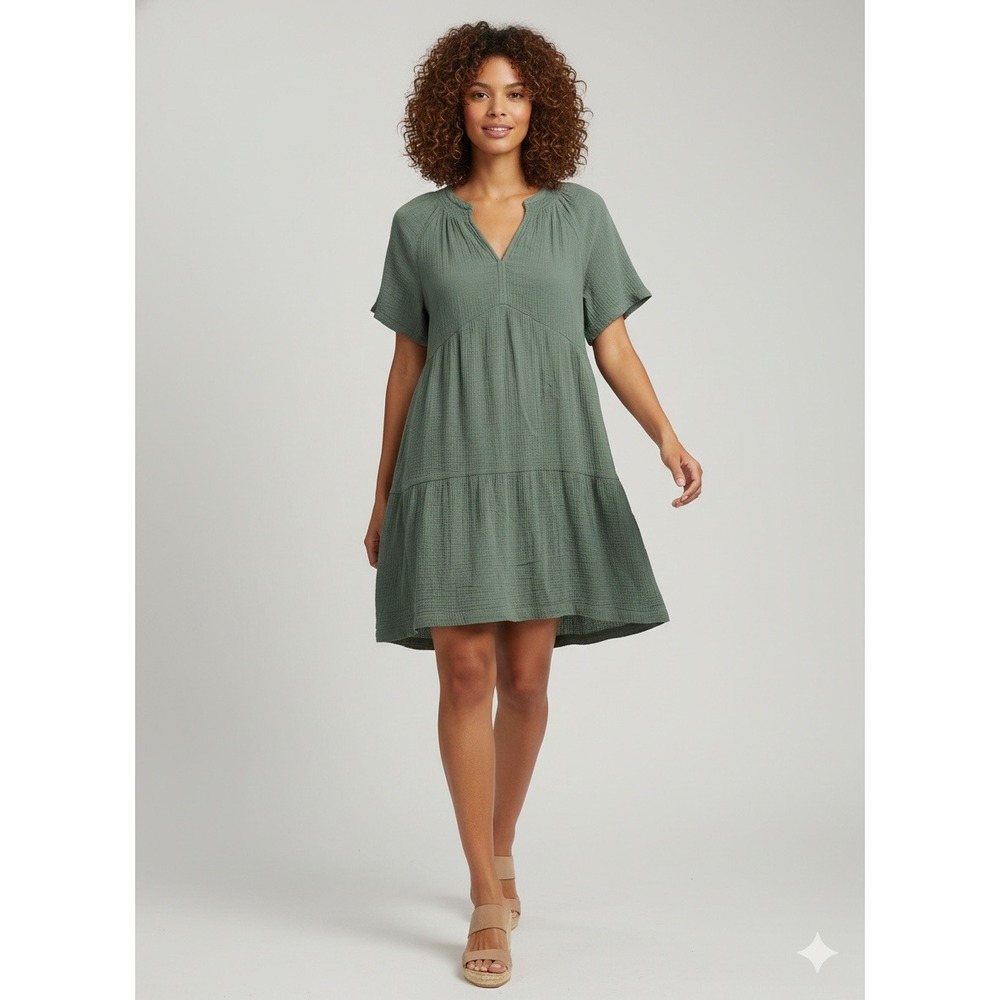 Gap‎ Womens Green Crinkle Gauze Tiered Mini Dress V-Neck Pockets New SZ L